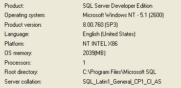 Thông tin phiên bản SQL Server 2000